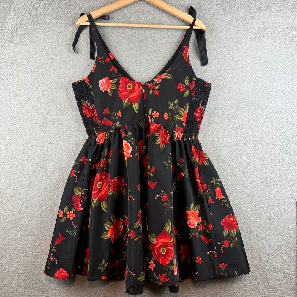 Old Navy The Occasion Floral Fit & Flare Dress Black Red Poppy Tie Shoulder L - Picture 3 of 13